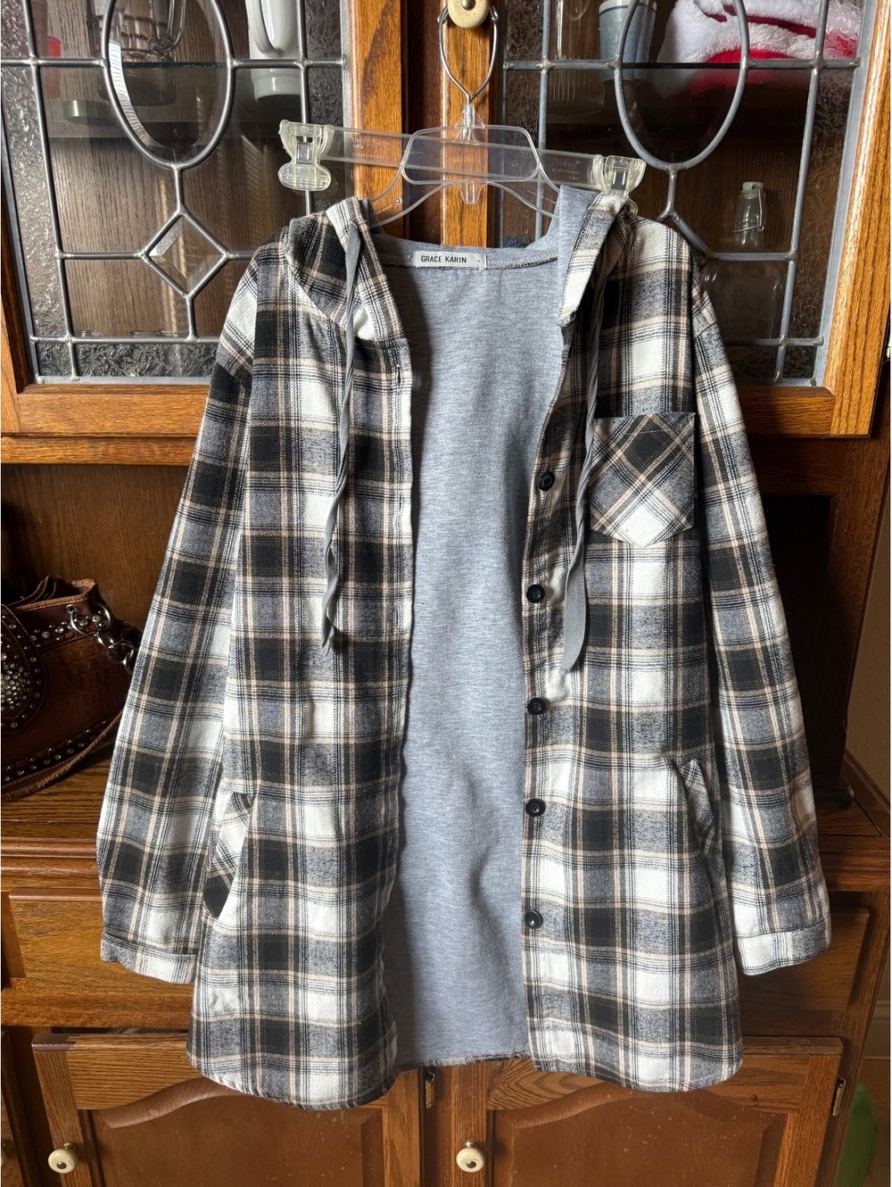 Grace Karin Black, White & khaki Plaid Hooded Flannel Jacket